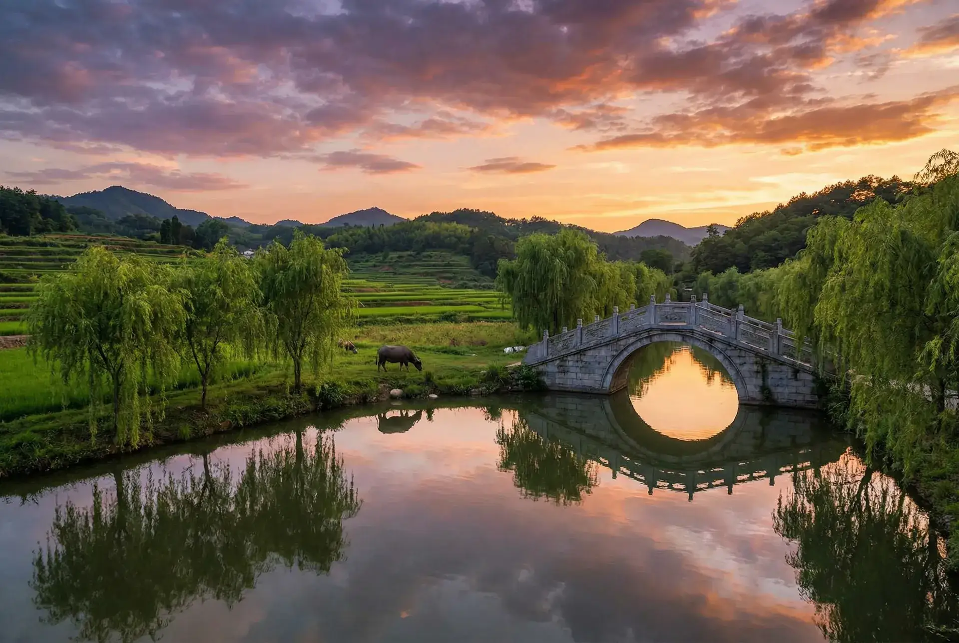 夕阳下的石拱桥与垂柳，水牛在河边吃草 - 白虎网站 乡村美景